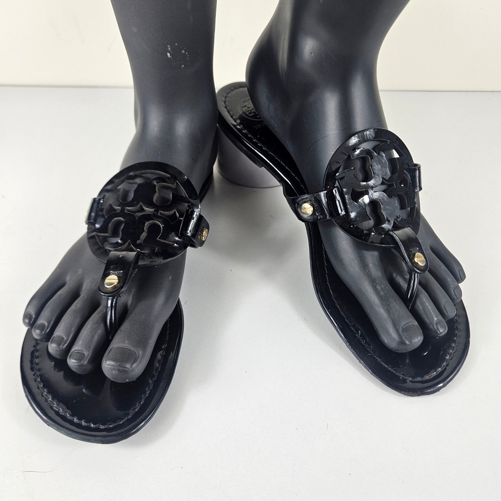 Tory Burch Miller Womens ~8 Black Patent Leather Logo Thong Sandals Flip Flops